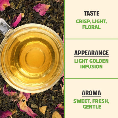 BREWIX, Lychee Rose Green Tea Loose Leaf (50+ Cups, 3.53oz/100g) Gluten Free I High Elevation Grown Green Tea Leaves with Apple, Lychee and Rose | Pure Sourced Direct from India