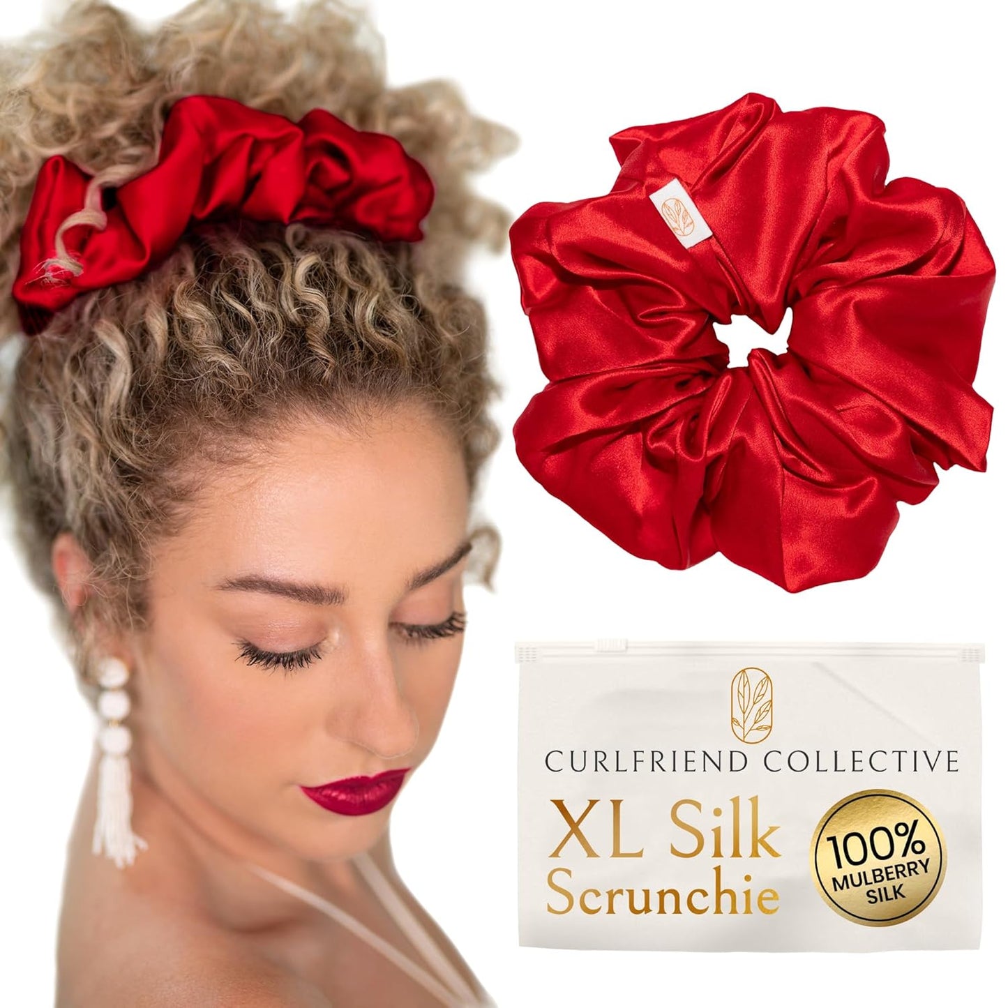Silk Scrunchies for Women Ponytail Holders – Oversized Mulberry Silk Scrunchies – Extra Large No Damage Hair Ties for Curly, Thick, and Thin - Hair Accessories for Women – Black, XL By Curlfriend