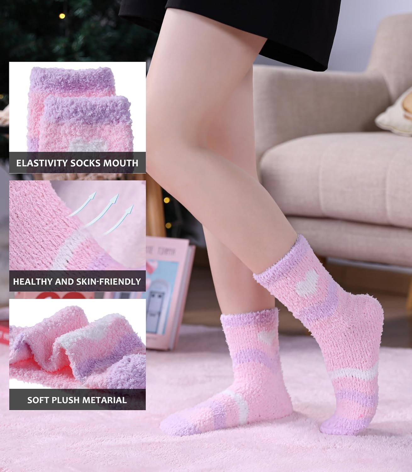 SDBING Fuzzy Socks for Women Soft Fluffy Home Sleeping Socks Cozy Warm Slipper Socks 6 or 5 Pairs