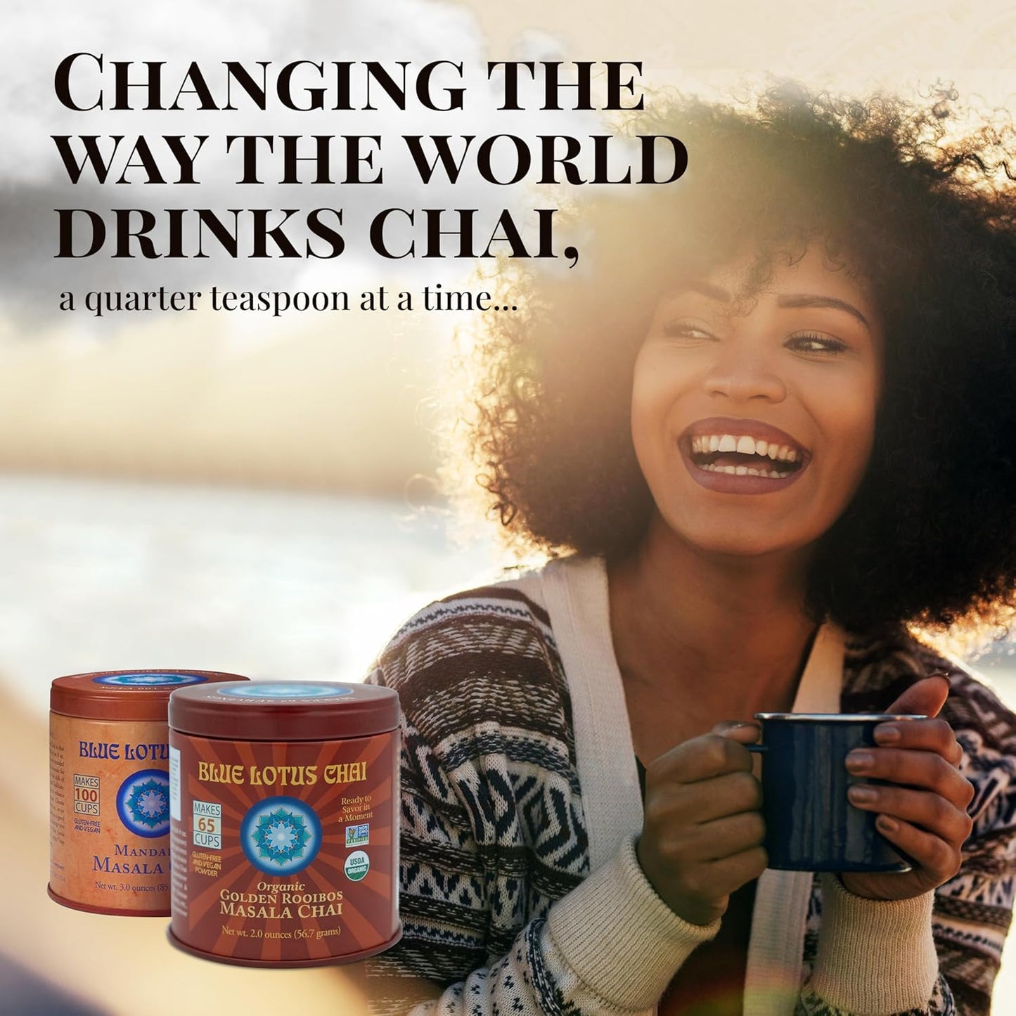 Blue Lotus Chai - Golden Masala Flavor Chai - Makes 100 Cups - 3 Ounce Masala Spiced Chai Powder with Organic Spices - Instant Indian Tea No Steeping - No Gluten