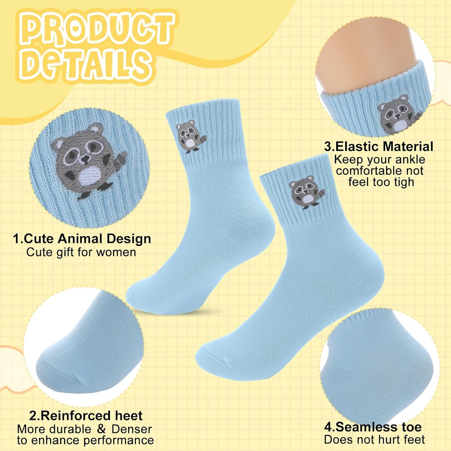 Eurzom 10 Pairs Socks Womens Crew Elastic Ankle Length Cotton Socks Aesthetic Cute Lightweight Low Cut Gifts for Women - Colors B