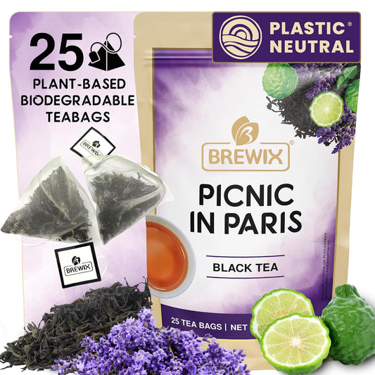 BREWIX, Earl Grey Lavender Tea Bags (25 Whole-Leaf Pyramid Sachets) | London Fog Black Tea with Natural Bergamot, Lavender & Vanilla | Floral, Aromatic & Caffeinated, Hot, Iced or Latte | Picnic in Paris