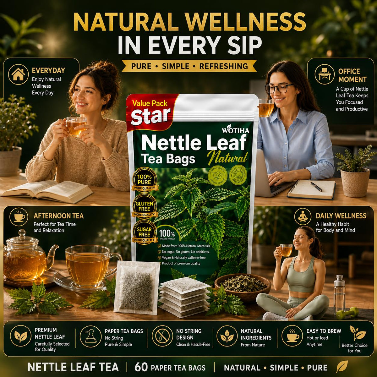 WOTIHA Premium Natural Nettle Leaf Tea Bags, 60 Count – 100% Pure Herbal Tea,Supports Kidney & Joint Health Caffeine-Free, Non-GMO, Additive-Free, Gluten-Free