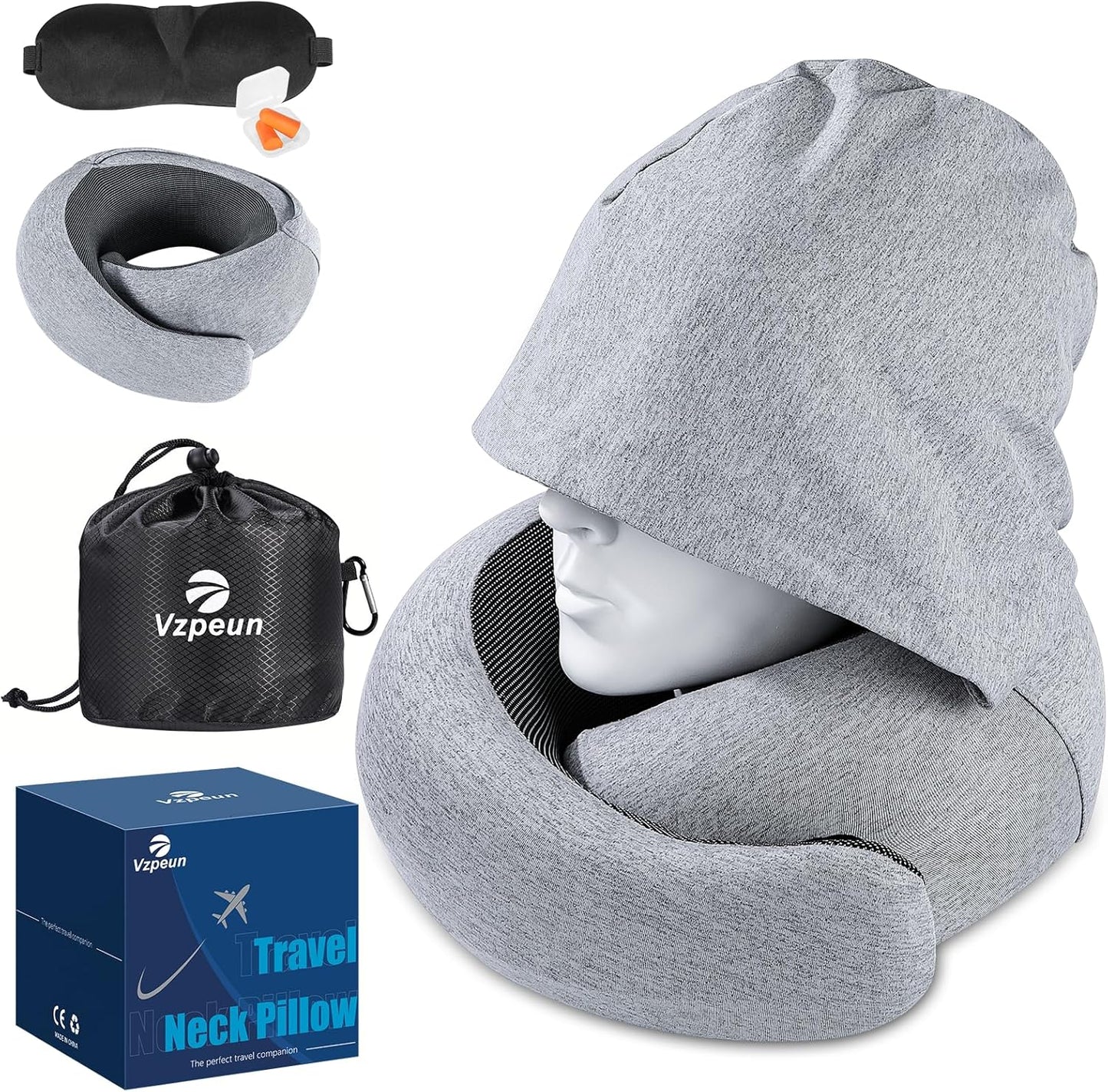 Travel Pillow - Hooded Neck Pillow Airplane Memory Foam Filling for Plane, Office, Cars Sleeping, Road Trip, Long Flights, Airplane Travel Essentials, Includes Eye Mask & Earplugs (Green)