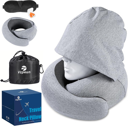 Travel Pillow - Hooded Neck Pillow Airplane Memory Foam Filling for Plane, Office, Cars Sleeping, Road Trip, Long Flights, Airplane Travel Essentials, Includes Eye Mask & Earplugs (Green)