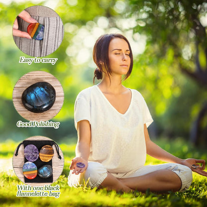Roowest 4 Pcs Thumb Worry Stone for Anxiety Natural Crystal Healing Stone Chakras Amethyst Tiger Eye Quartz Pocket Hug Gift for Office Stress Meditation(Chromashift,Oval)