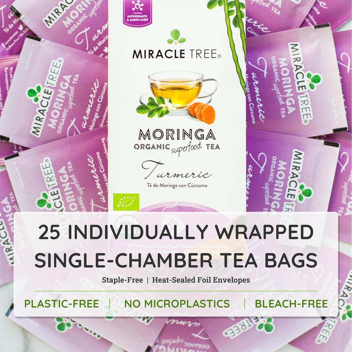 Miracle Tree Organic Moringa Tea, Turmeric, Caffeine-Free, 25 Bags
