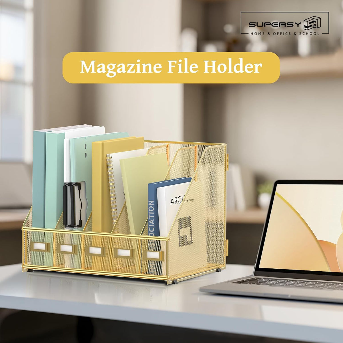 SUPEASY Desk Organizers Metal Desk Magazine File Holder with 5 Vertical Compartments Rack File Organizer for Office Desktop, Classroom, Home Workspace, Black