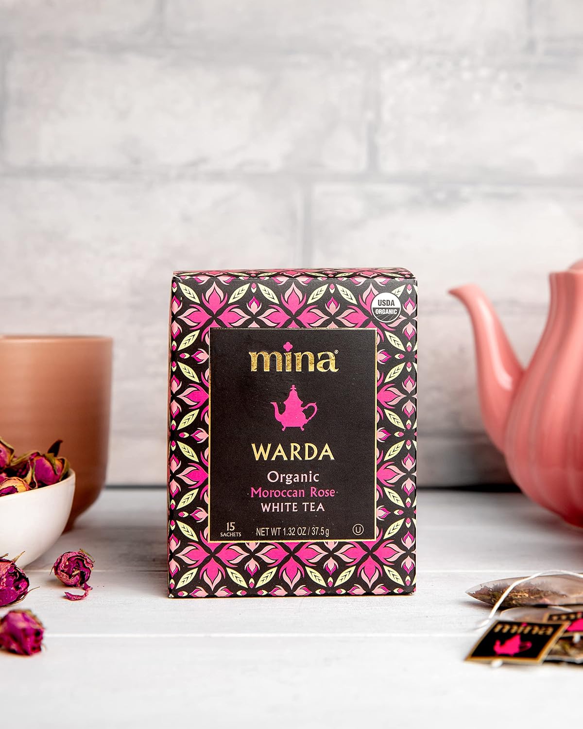 Mina Warda Organic Moroccan Rose White Tea, 15 Biodegradable Sachets - Rose Tea Bags, White Tea with Moroccan Rose Petals, Organic White Tea Bags, Low Caffeine Tea