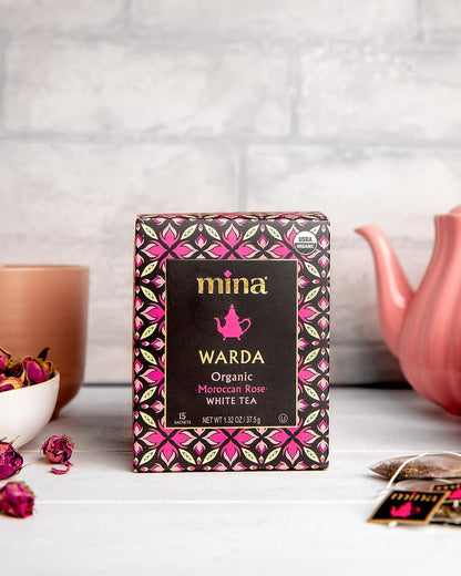 Mina Warda Organic Moroccan Rose White Tea, 15 Biodegradable Sachets - Rose Tea Bags, White Tea with Moroccan Rose Petals, Organic White Tea Bags, Low Caffeine Tea
