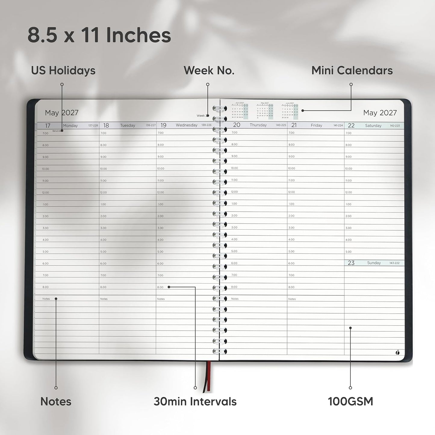 Academic Planner 2026-2027 - Hourly 2026-2027 Planner Weekly and Monthly - Appointment Book with Flexible Cover, Twin-Wire Binding - Simple Design for Productivity, June 2026 - July 2027. 8.5 x 11