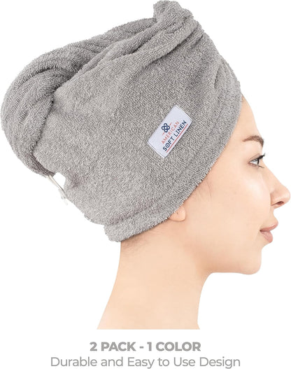 American Soft Linen 100% Cotton Hair Towels for Women, Head Towel Cap, Cotton Hair Turban Towel Wrap for Long Curly Anti Frizz Hair, Soft and Absorbent Cotton Hair Towels 2 Pack, White