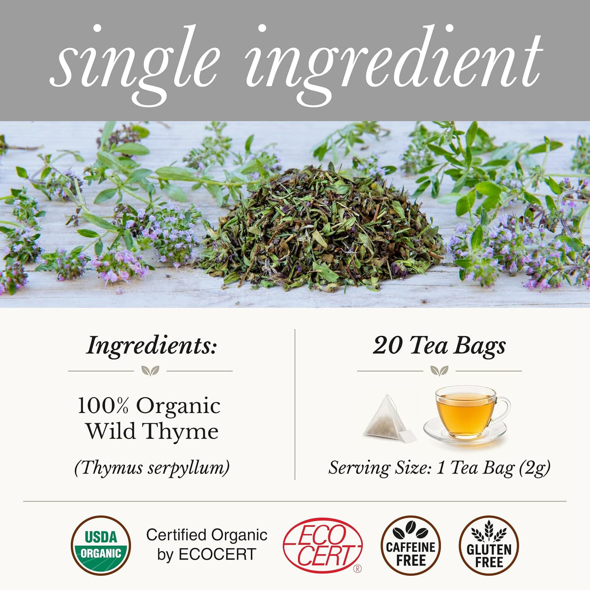 Wild Bliss Organic Wild Thyme Tea - Caffeine Free Respiratory Herbal Support - Pharmacopoeia Potency - 20 Plant Based Tea Bags (Pack of 2)
