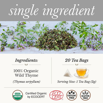 Wild Bliss Organic Wild Thyme Tea - Caffeine Free Respiratory Herbal Support - Pharmacopoeia Potency - 20 Plant Based Tea Bags (Pack of 2)