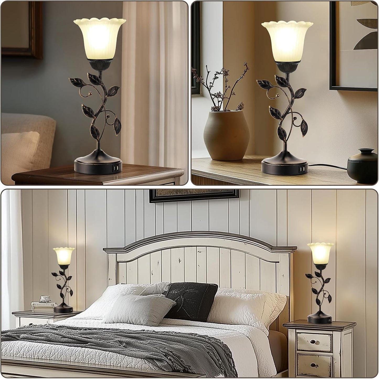 Touch Control Table Lamp with 2 USB Charging Ports, 3-Way Dimmable Bedside Nightstand Lamps, Amber Glass Shade Vintage Rural Leaf Lamp for Living Room, Bedroom, Dresser, LED Bulb Included (Bronze)