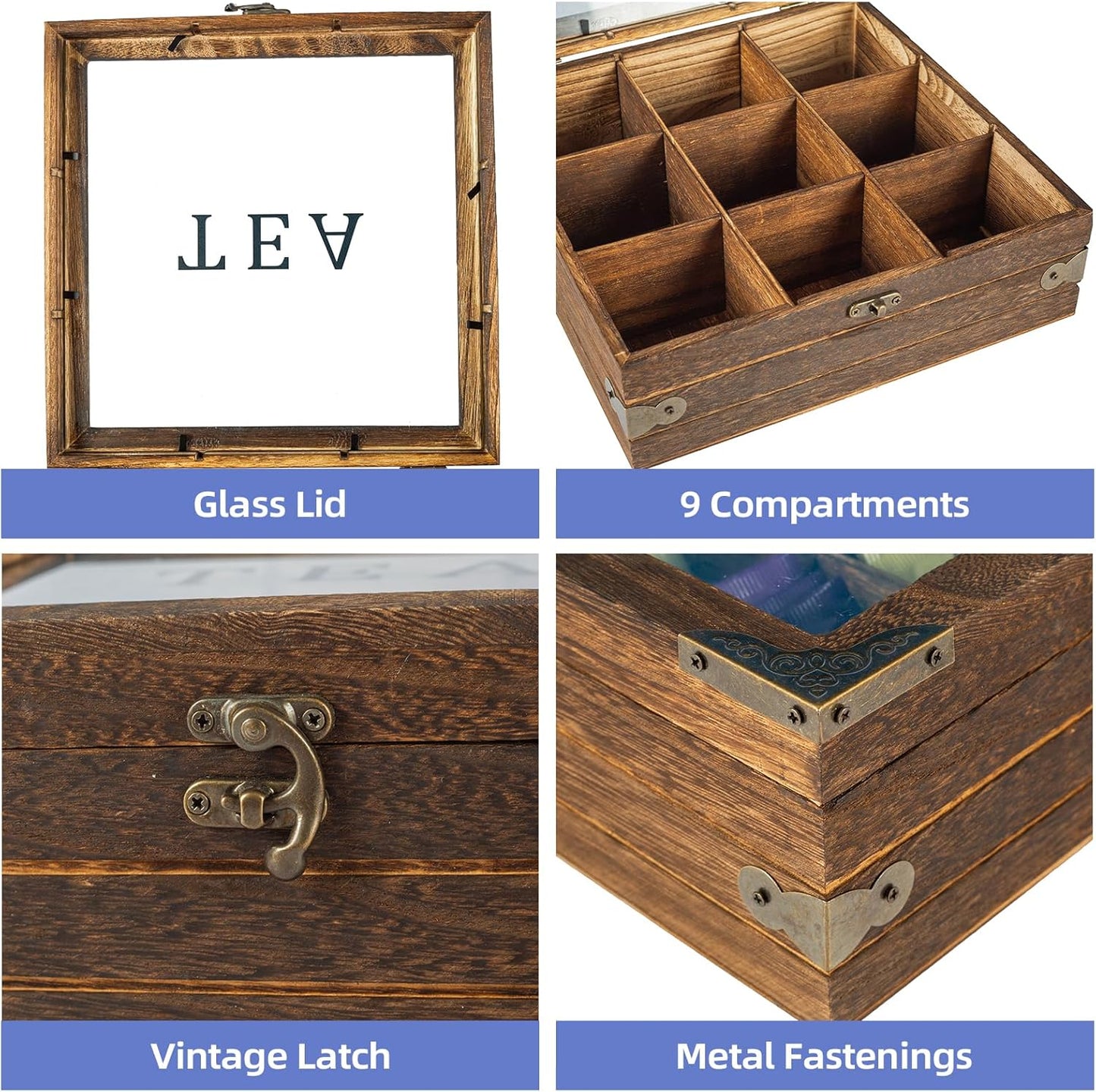 MOLIGOU Wood Tea Box Organizer, Tea Storage Chest with Glass Lid, 9 Compartments, Tea Bag Holder Organizer for Cabinet, Pantry