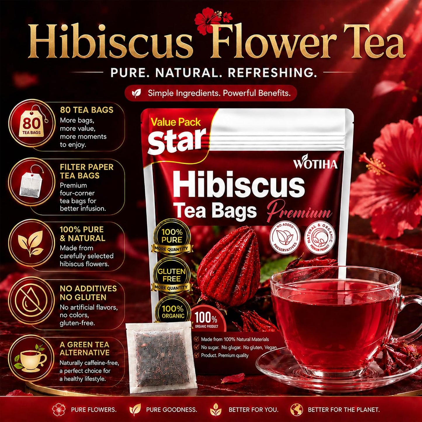 WOTIHA Premium 80 Hibiscus Flower Tea Bags (Flor de Jamaica) - 100% Natural, Tart & Refreshing, Hot or Ice Tea - Rich in Antioxidants, Sugar-Free Caffeine-Free Non-GMO Vegan Gluten-Free.