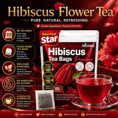 WOTIHA Premium 80 Hibiscus Flower Tea Bags (Flor de Jamaica) - 100% Natural, Tart & Refreshing, Hot or Ice Tea - Rich in Antioxidants, Sugar-Free Caffeine-Free Non-GMO Vegan Gluten-Free.