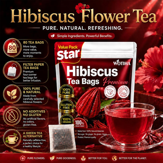WOTIHA Premium 80 Hibiscus Flower Tea Bags (Flor de Jamaica) - 100% Natural, Tart & Refreshing, Hot or Ice Tea - Rich in Antioxidants, Sugar-Free Caffeine-Free Non-GMO Vegan Gluten-Free.