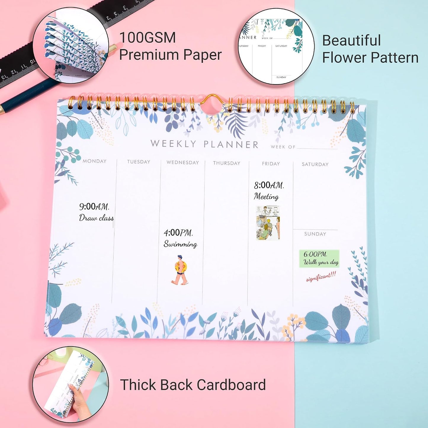 Weekly Planner Notepad Tear Off Set of 2 Weekly Calendar Pad 52 Undated To Do List Notepad Sheets Desk Planner Planning Pads Productivity Tracker for Work Goals Notes Schedule Ideas, Floral Blue
