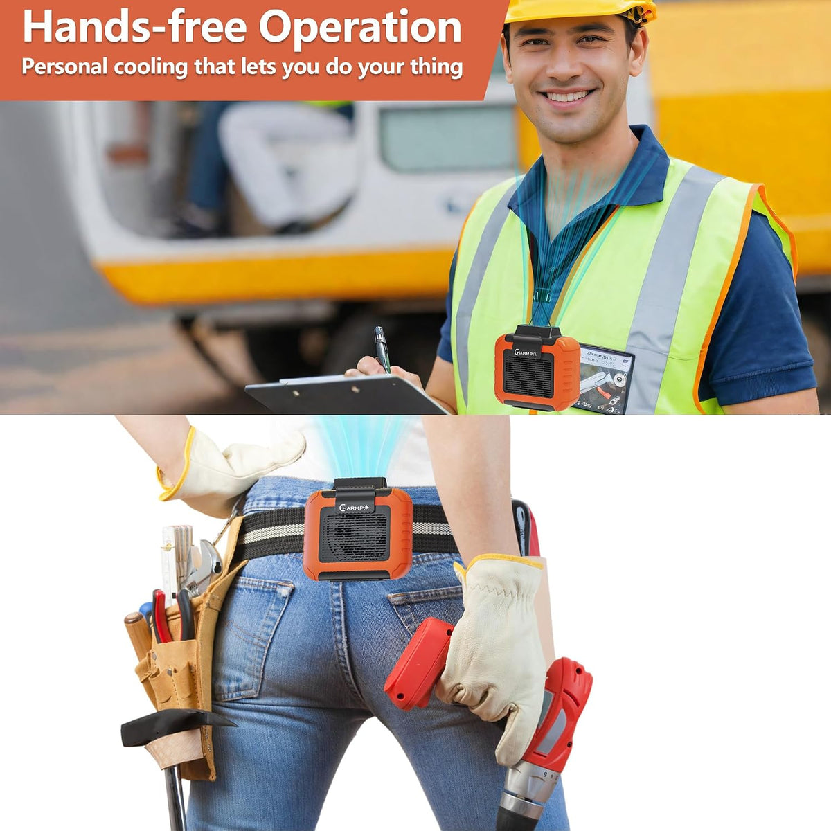 Waist Fan - Portable Cooling Clip Belt Fan with 10000mAh Battery, 24H Working Time, 3 Speeds, 16000RPM Airflow, LED SOS Warning Light for Jobsite, Farming, Fishing, Hot Summer