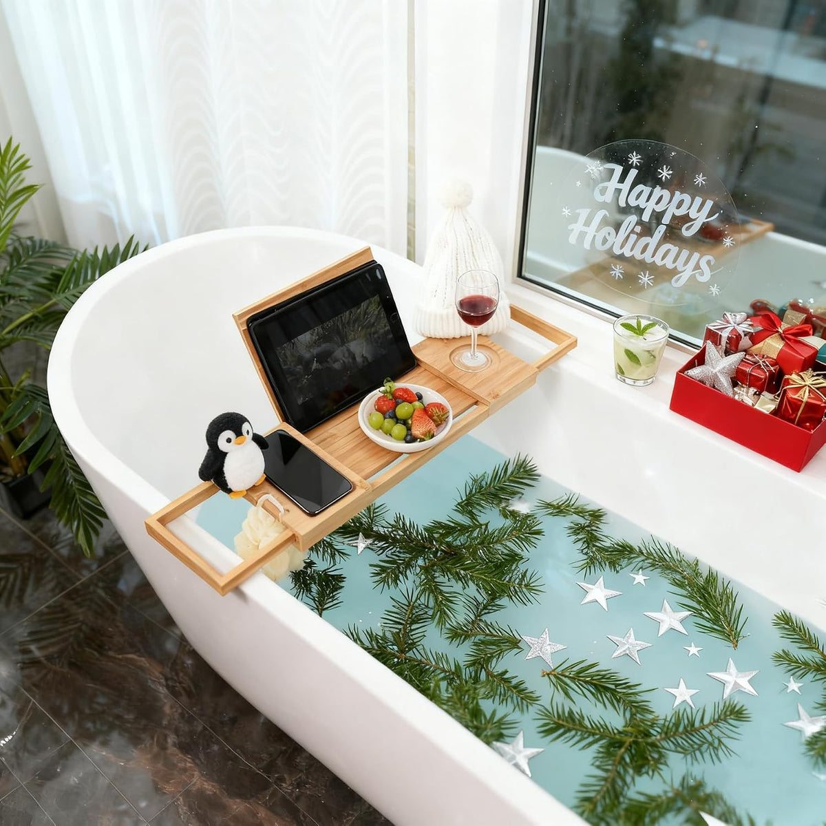 Utoplike Bamboo Bathtub Caddy Tray for Tub, Expandable Bath Table Trays