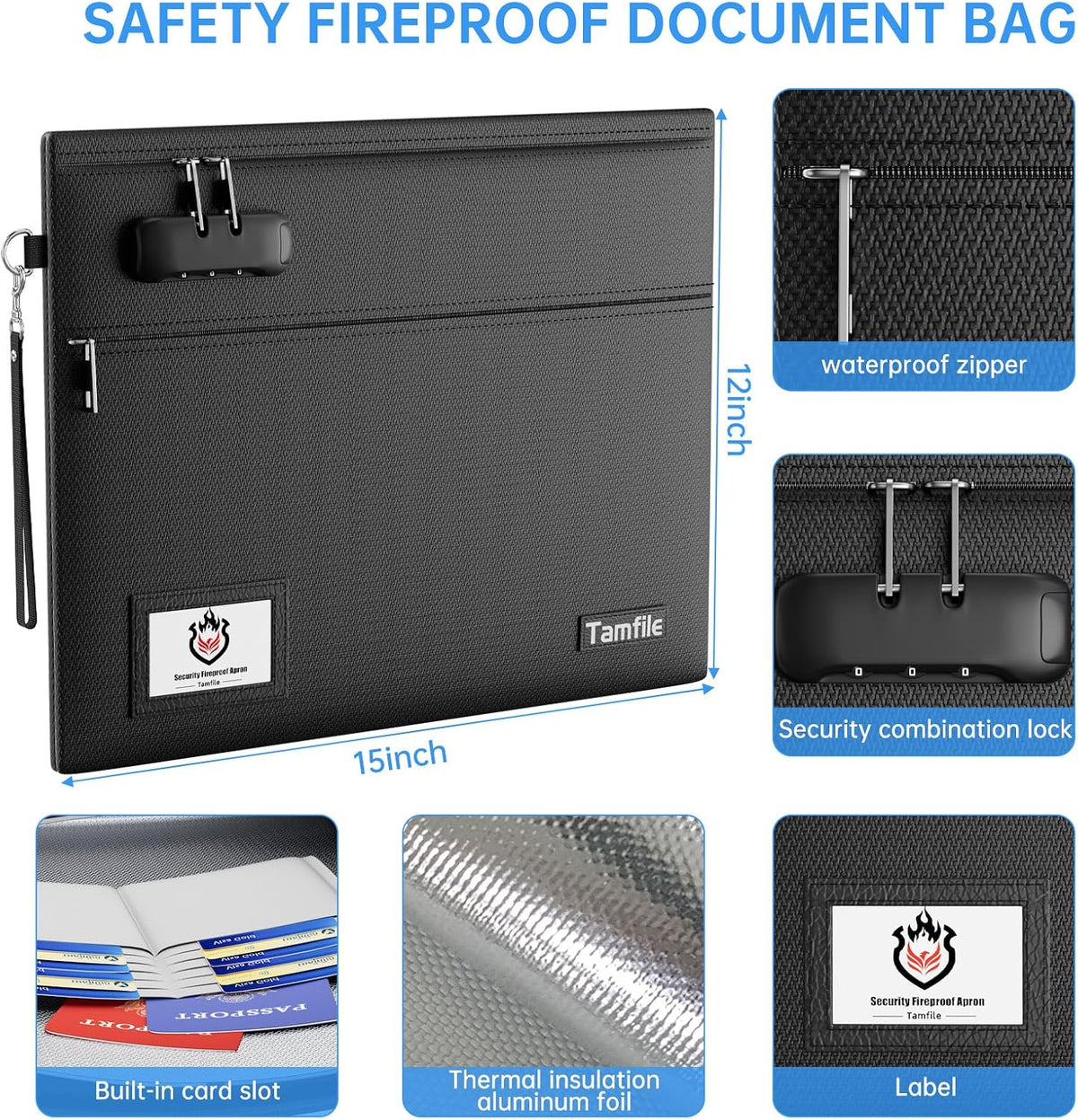 Tamfile Fireproof Document Bag with Lock,15x12 inch Heat Resistant Cash Bag