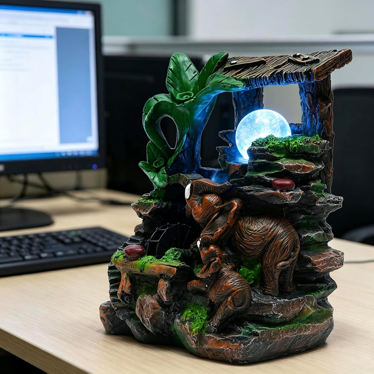 Mini Artificial Bonsai Tree Waterfall Fog Feature Rock Tabletop Fountain | 11in Desktop Decor Waterfall Fountain W/ Water Pump& Atomizer&LED Lights &Fake Tree Office Bedroom Relax