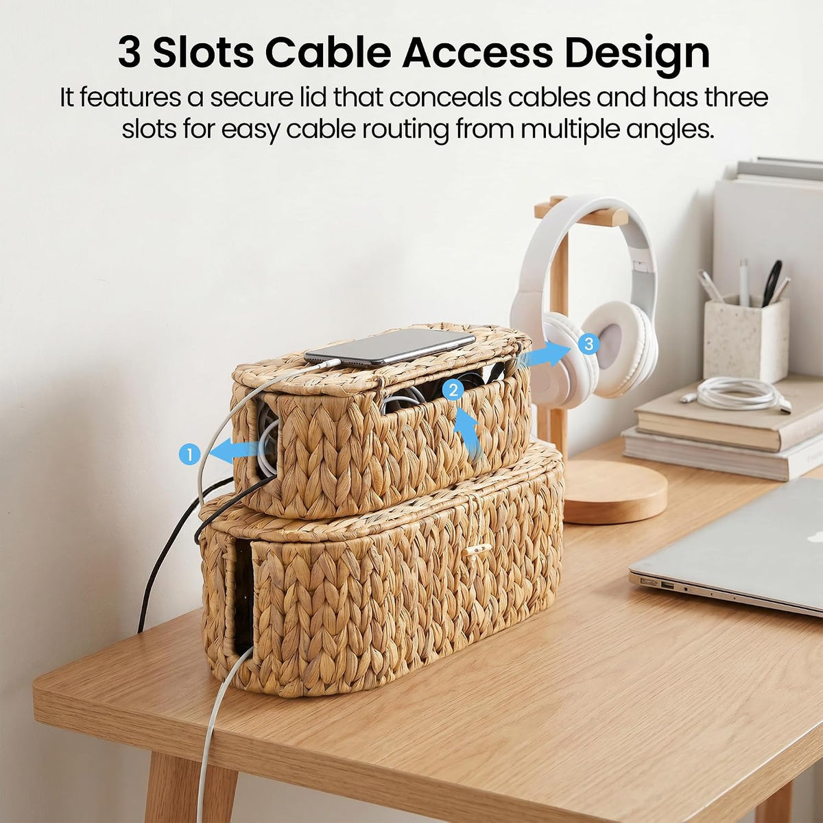 Set of 2 Cable Management Box, Handwoven Cord Hider Box with 3 Open Slots