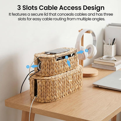 Set of 2 Cable Management Box, Handwoven Cord Hider Box with 3 Open Slots
