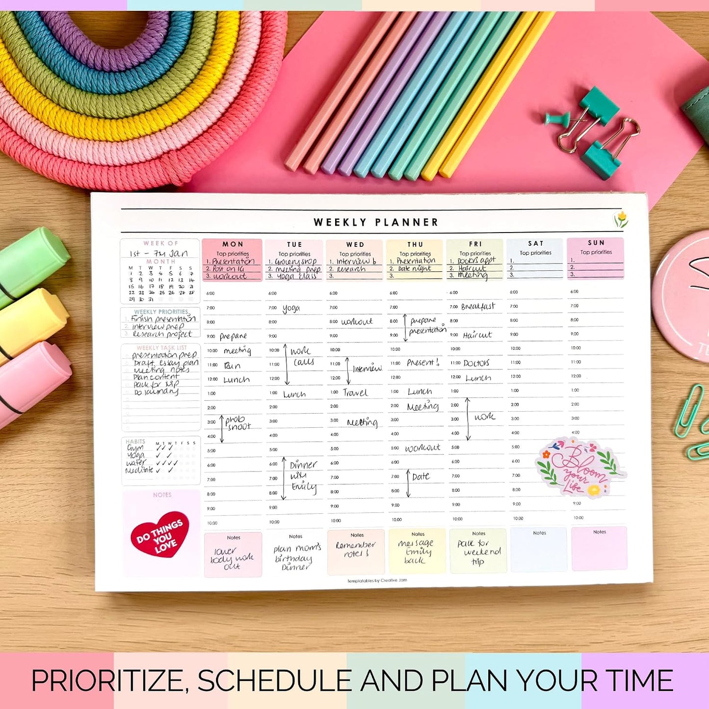 Weekly Hourly Planner Notepad, Daily Planner Desk Pad, Weekly Schedule, To Do List Note Pad, ADHD Planner | 50 Undated Tear Away Sheets | A4 (Rainbow)