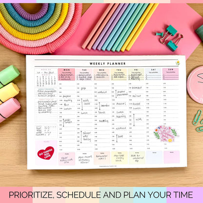 Weekly Hourly Planner Notepad, Daily Planner Desk Pad, Weekly Schedule, To Do List Note Pad, ADHD Planner | 50 Undated Tear Away Sheets | A4 (Rainbow)