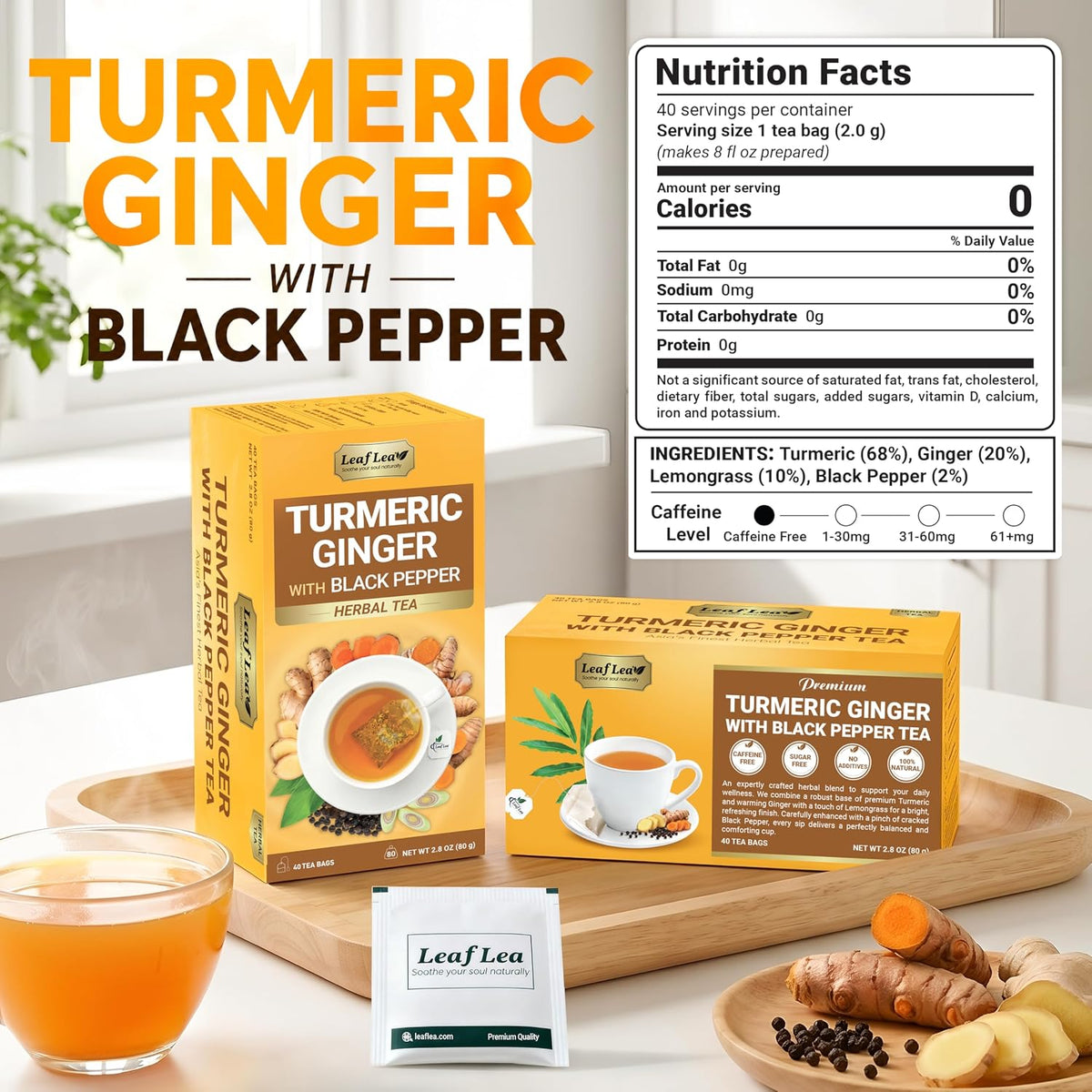 LeafLea Turmeric Ginger Black Pepper Tea Bags, 120 Count Family Pack