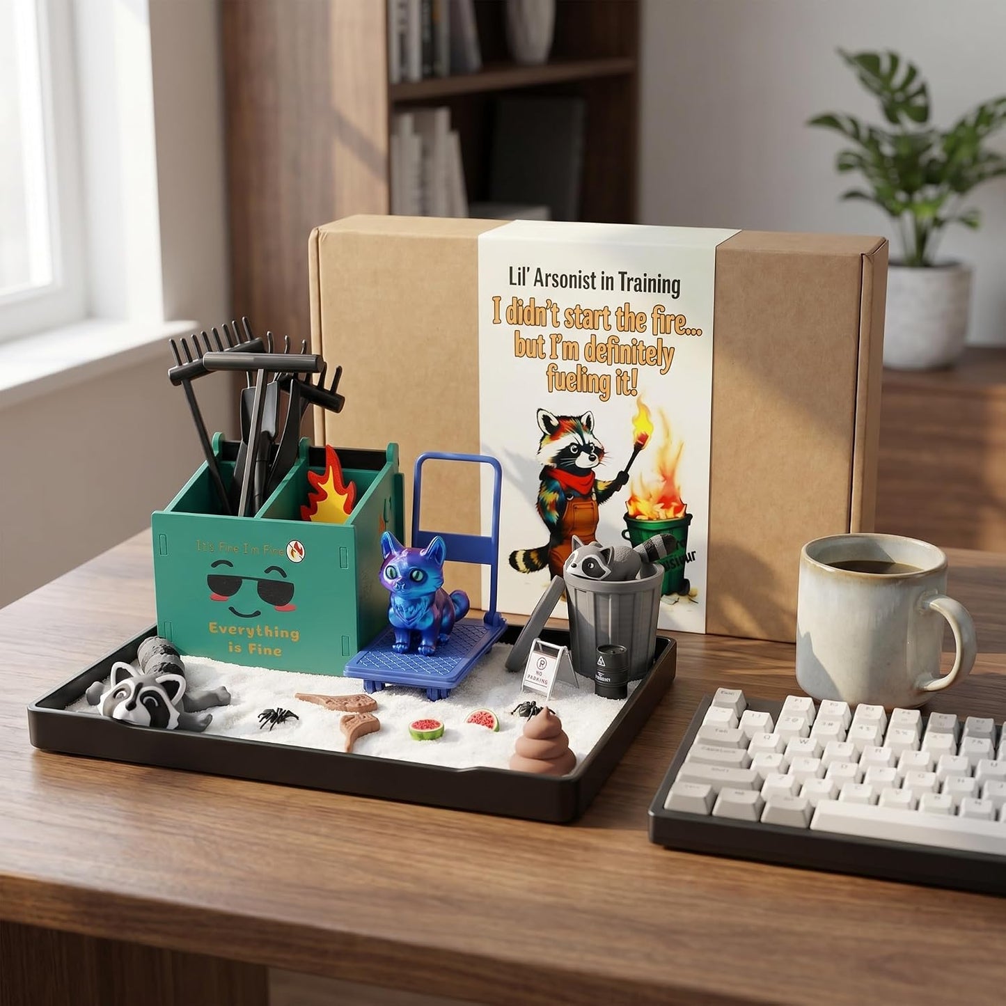 2026 New Dumpster Fire Zen Garden Desktop Kit with Raccoon Figurines - Funny Office Desk Accessory for Stress Relief, White Elephant Gifts, Coworker Gifts - Mini Sand Tray Therapy