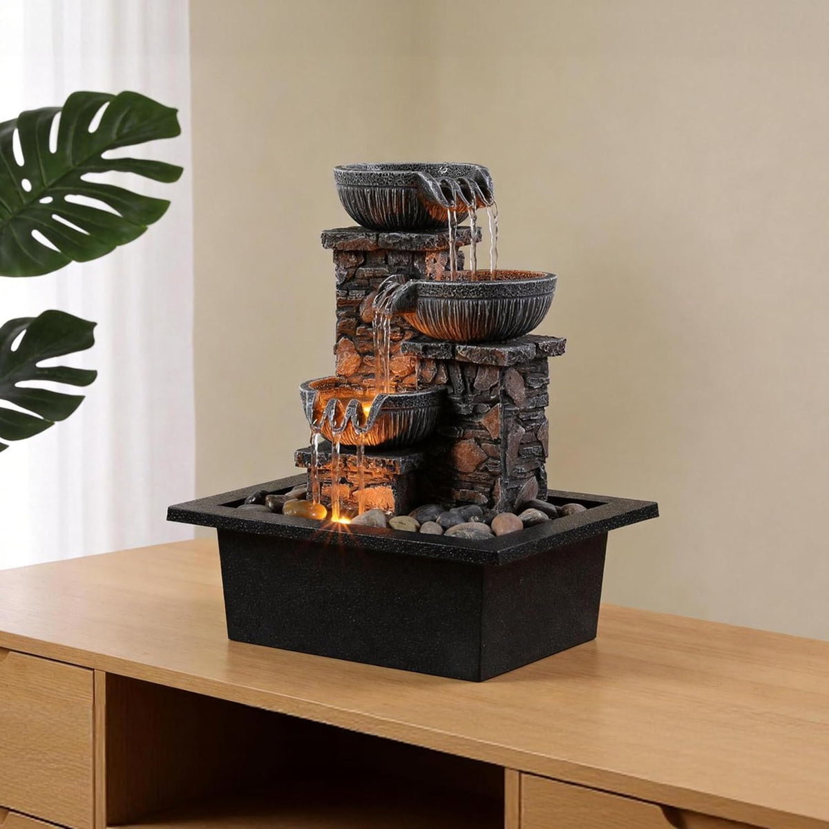 Kalona Tabletop Water Fountain with Buddha, LED Light Indoor Waterfall