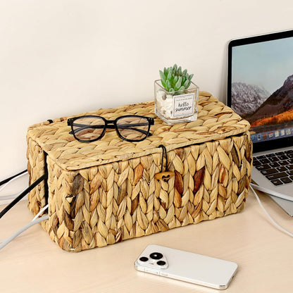 BTSKY Woven Cable Management Box with Lid Water Hyacinth Cord Organizer, S