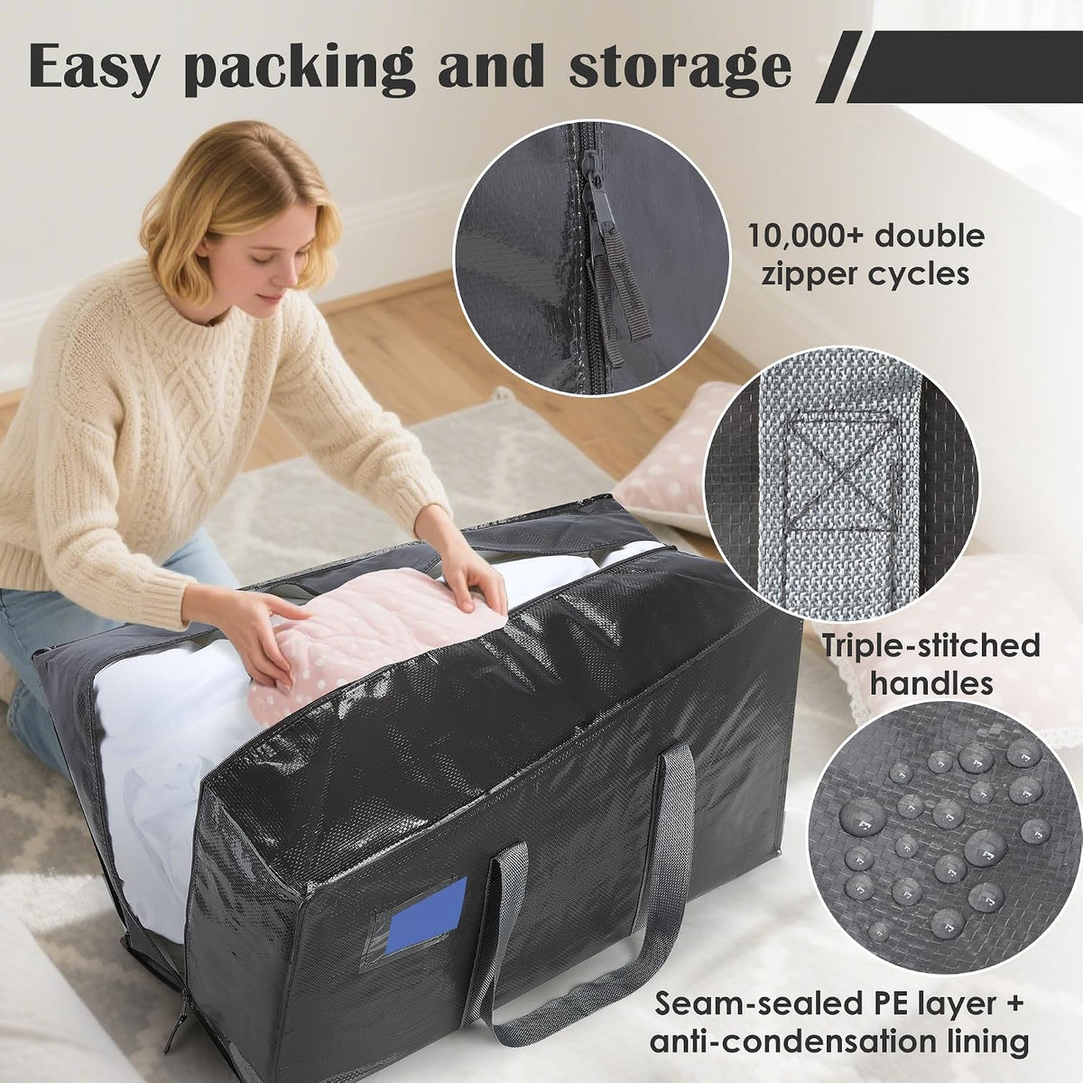 Moving Bags Heavy Duty 210GSM with Full-Open Side Zipper, 93L 220lbs Waterproof Foldable Storage Totes for College Dorm Move-In, Moving Boxes Alternative & Home Organization, Blue