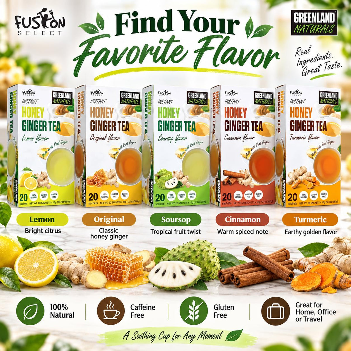 Fusion Select 20 Sachets Original Ginger Honey Crystals Packets - Crystallized Ginger Tea with Honey - Easy-to-Prepare Instant Drink Mix - Natural Ingredients with No Caffeine