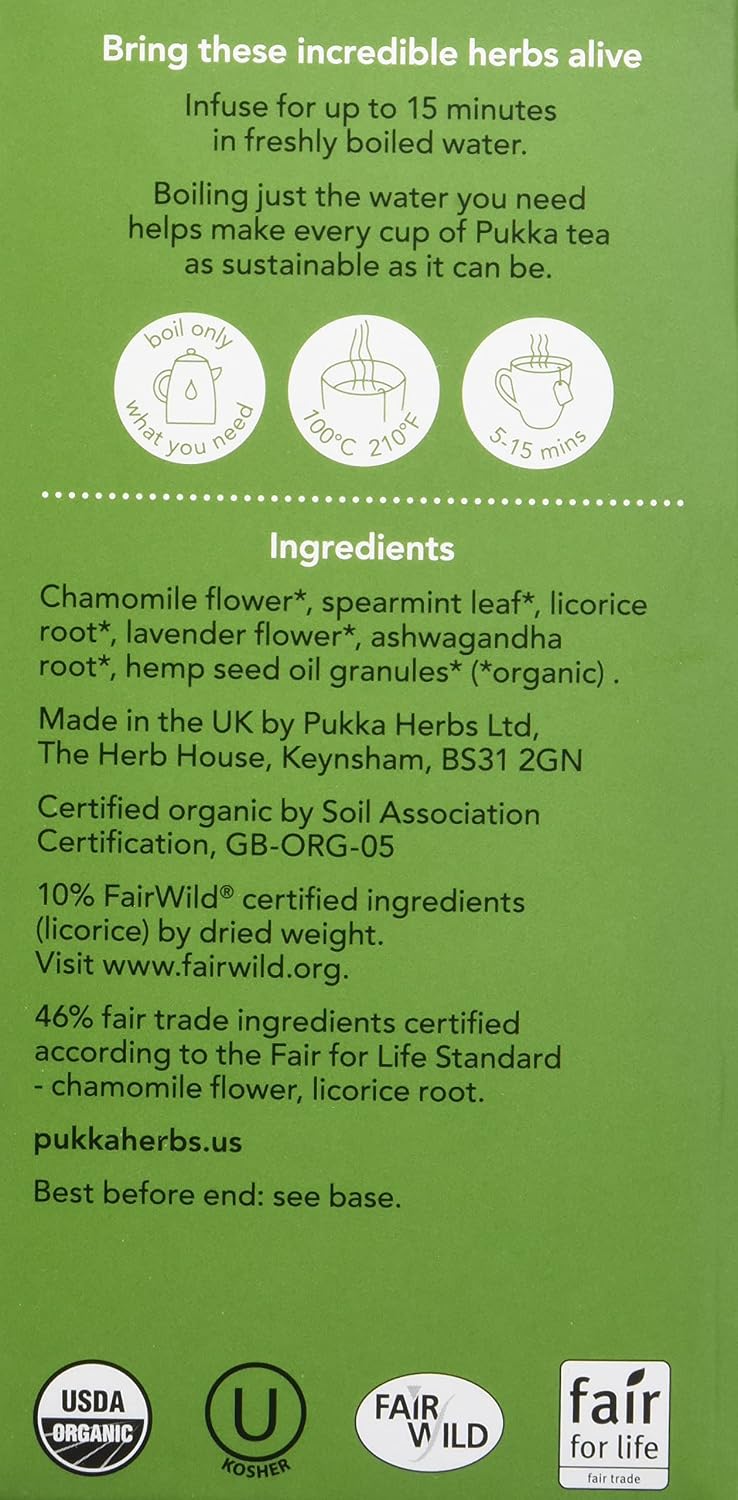 Pukka Organic Peace Herbal Tea with Spearmint, Ashwagandha, and Hemp Seed Oil, Caffeine Free, 20 Total Tea Bags (Pack of 2)