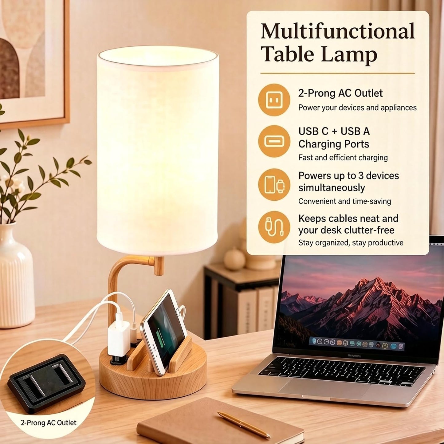 Dreamholder Touch Control USB Table Lamp with USB C/A & AC Outlet, 3-Way Dimmable Bedside Lamp, Modern Nightstand Lamps for Bedroom Living Room Guest Room Office, Bulb Included, Gold