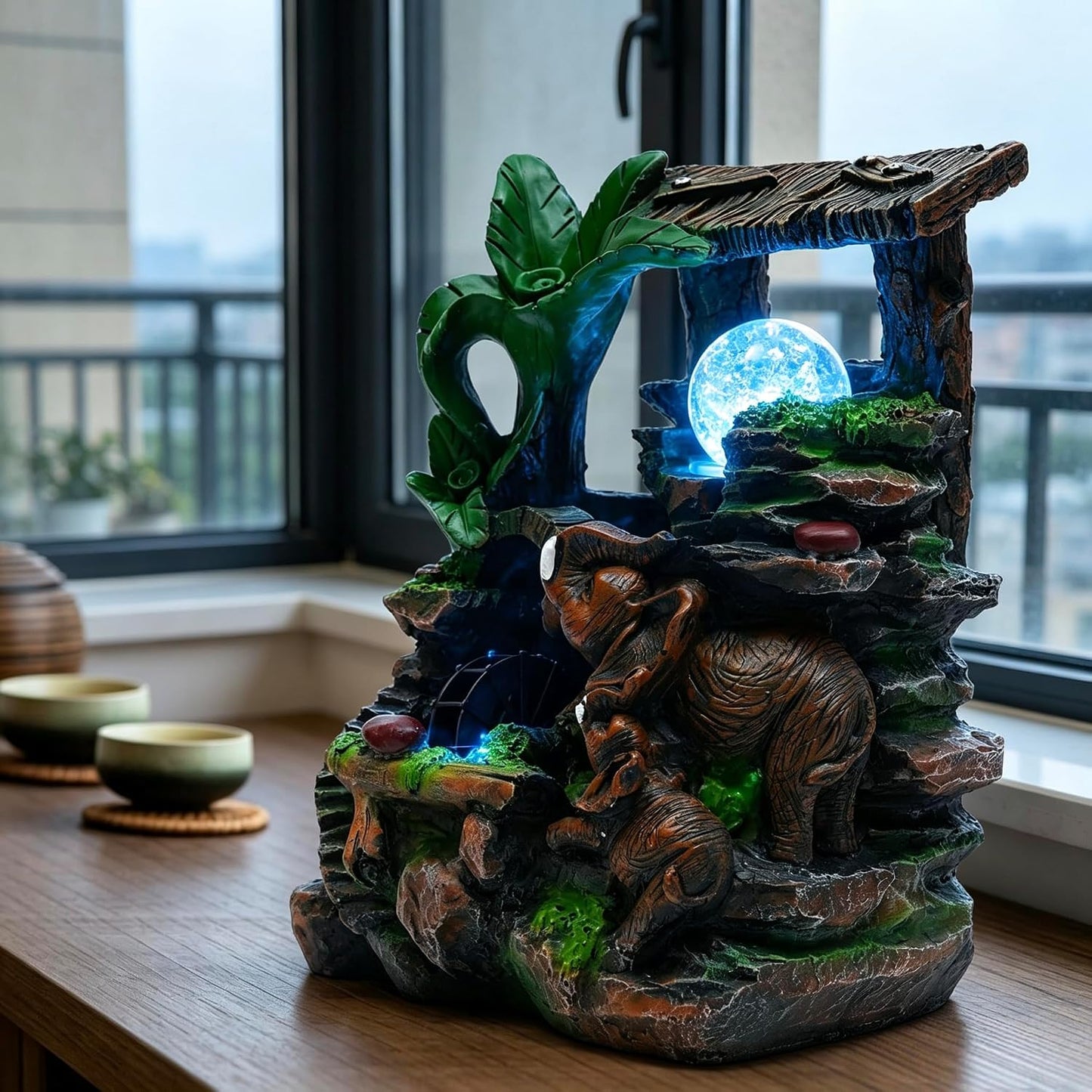 Mini Artificial Bonsai Tree Waterfall Fog Feature Rock Tabletop Fountain | 11in Desktop Decor Waterfall Fountain W/ Water Pump& Atomizer&LED Lights &Fake Tree Office Bedroom Relax