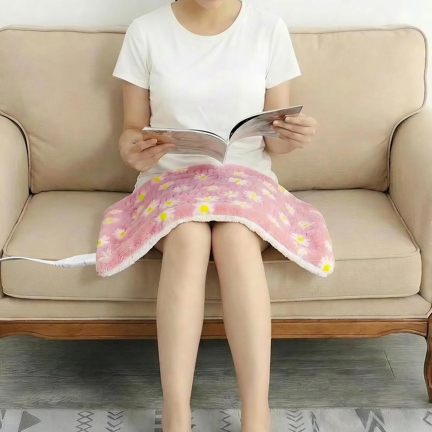 GOQO TOMO Heating Pad, 12 x 24 Inch, Pink Floral Pattern, Machine Washable, 8 Timer Settings, 12 Heat Levels, for Back Pain Relief-P01