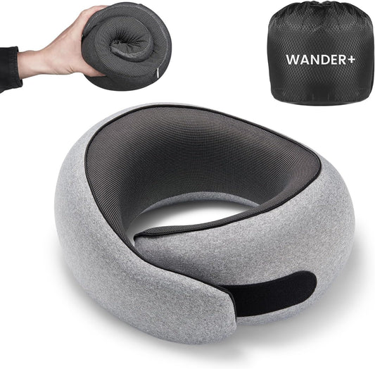 WANDER+® Travel Neck Pillow, Pure Memory Foam Neck Pillow for Airplanes, Comfortable Breathable Cover, 360 Degree Support Ergonomic Design Best for Sleeping Plane Train Travel Essentials Max Grey