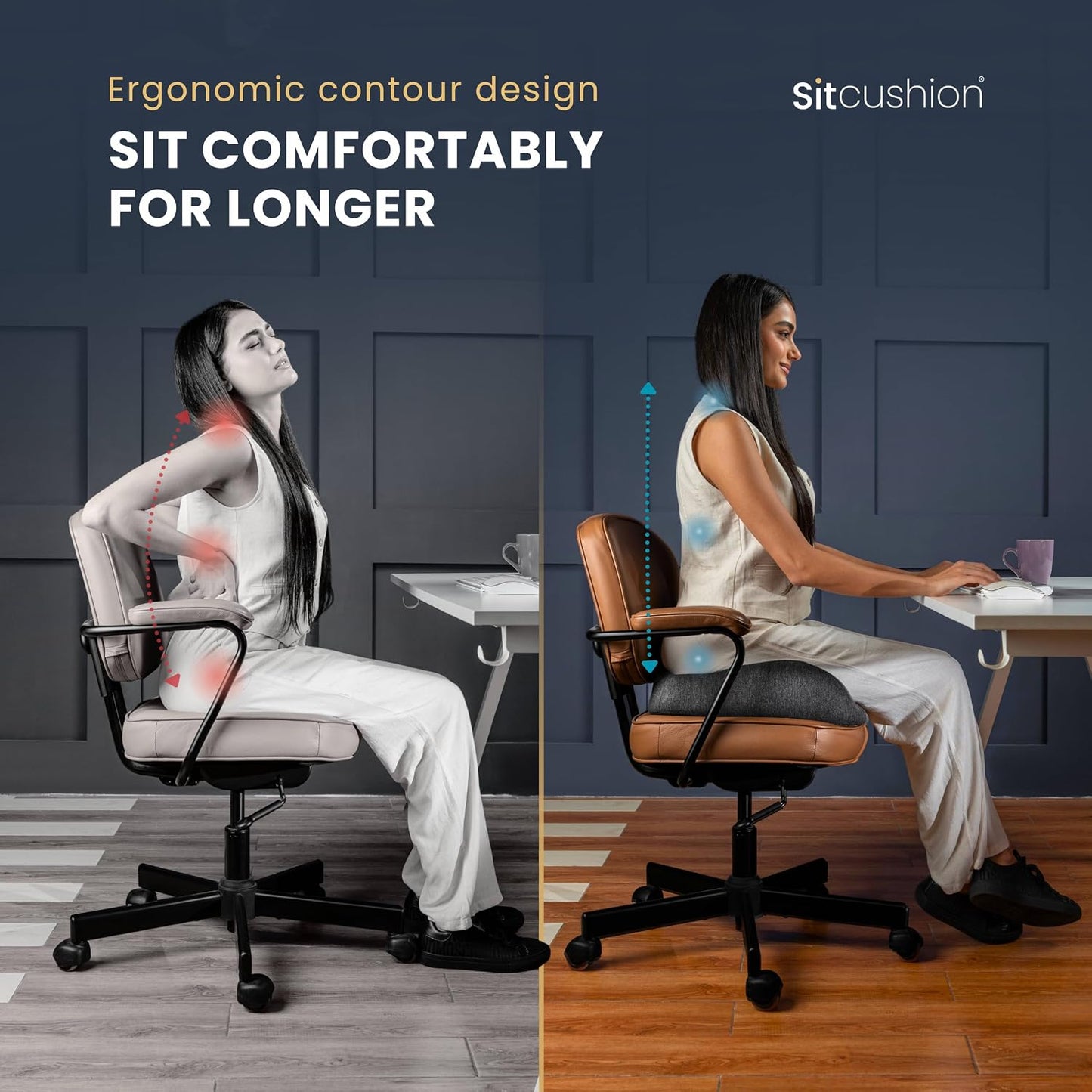 SitCushion Ergonomic Seat Cushion for Sciatica & Tailbone Pain Relief – Extra Large Memory Foam Office Chair Cushion for Long Sitting, Orthopedic Coccyx Cushion for Desk Chair, Car & Wheelchair(Black)