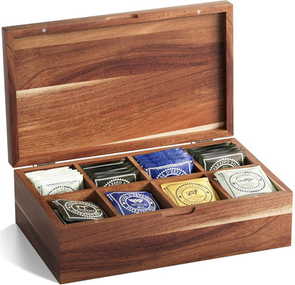 Acacia Wood Tea Bag Organizers, Tea and Sugar Packet Storage Chest with Lid, Wooden Teabag Holder Containers,Storage Box Teabox with 6 Compartments
