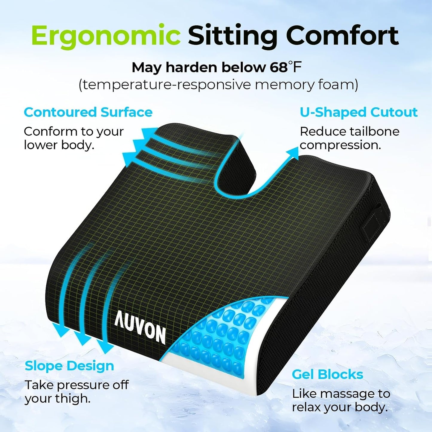 AUVON Gel Wheelchair Seat Cushion, Waterproof Cover, Pressure Sore & Ulcer | Ergonomic Chair Cushion with U-Cutout for Tailbone Pain, Back Pain Relief, Memory Foam Wheelchair Cushion, Anti-Slip