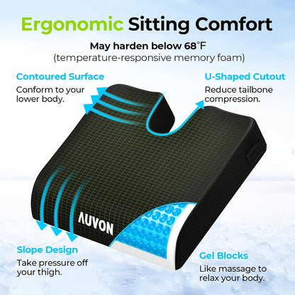 AUVON Gel Wheelchair Seat Cushion, Waterproof Cover, Pressure Sore & Ulcer | Ergonomic Chair Cushion with U-Cutout for Tailbone Pain, Back Pain Relief, Memory Foam Wheelchair Cushion, Anti-Slip