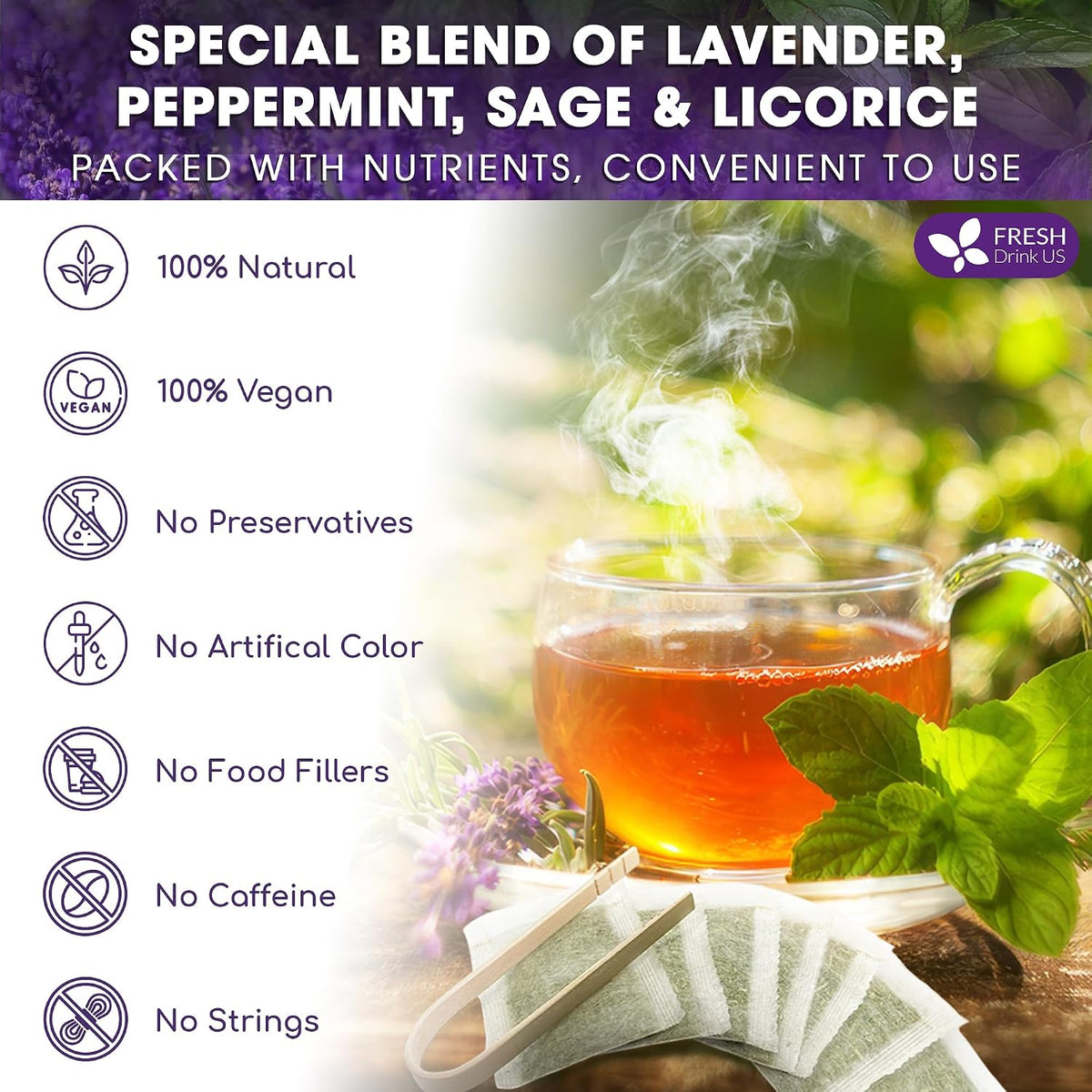 FreshDrinkUS, Premium Lavender Mint Tea, 35 Count, Caffeine Free, Vegan