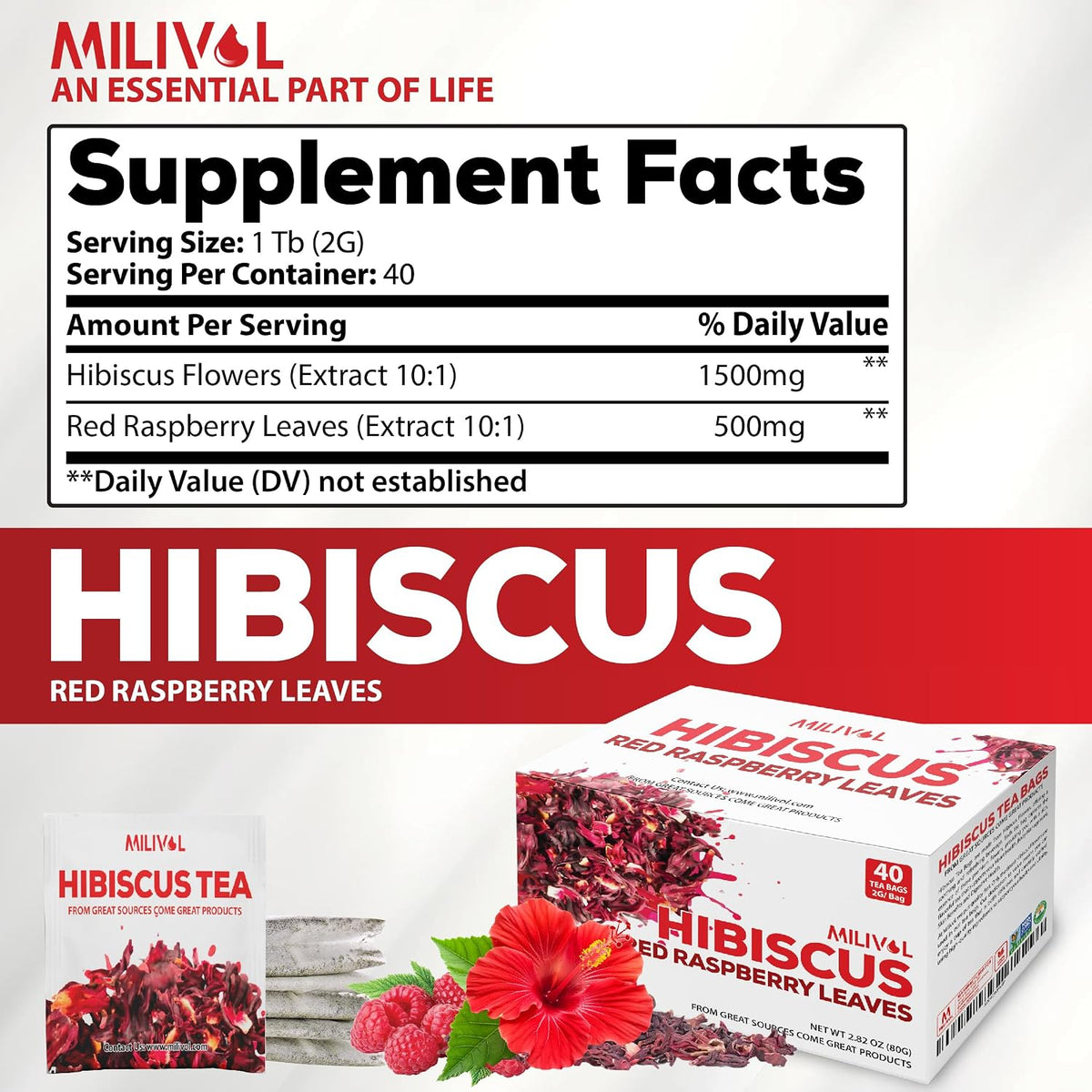 MILIVOL Hibiscus Flowers Mixed Red Raspberry Leaf Tea Bags - 1.5Gr/Bag - 40 Bags - Non-GMO, Caffeine-free Tea supports Heart, Digestion and Mood