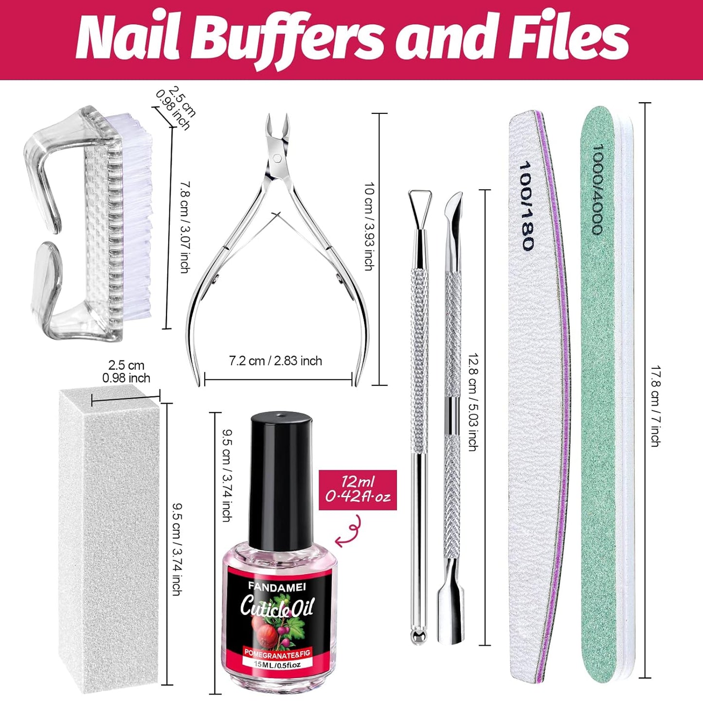 FANDAMEI Nail Files and Buffers, Manicure Tools Nail Care Kit with Nail File, Nail Buffer Block, Cuticle Care for Women with Nippers, Pusher Peeler. Cuticle Oil and Nail Prep Kit.